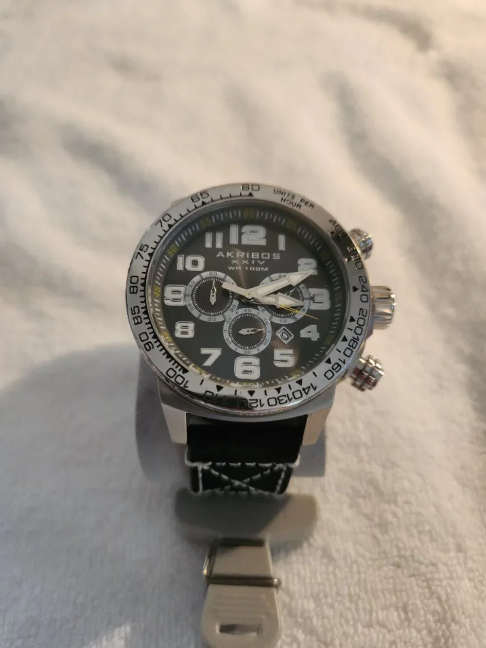 Akribos XXIV Men's AK842SSB Chronograph Black Dial Leather Strap Watch New